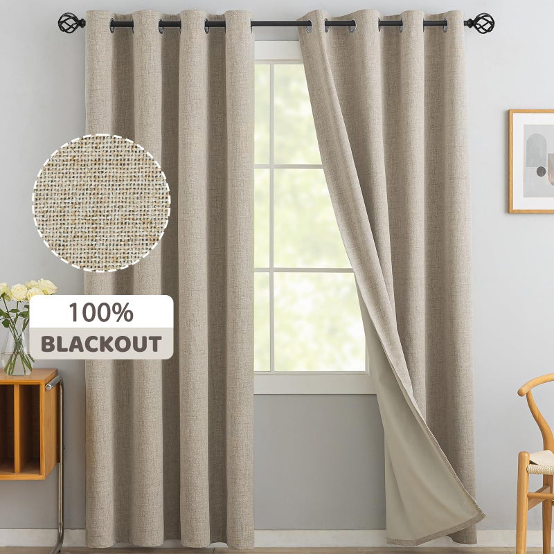 Yakamok Natural Linen Curtains 100% Blackout 84 Inches Long,Room Darkening Textured Curtains for Living Room Thermal Grommet Bedroom Curtains 2 Panels with Greyish White Liner - Image 1